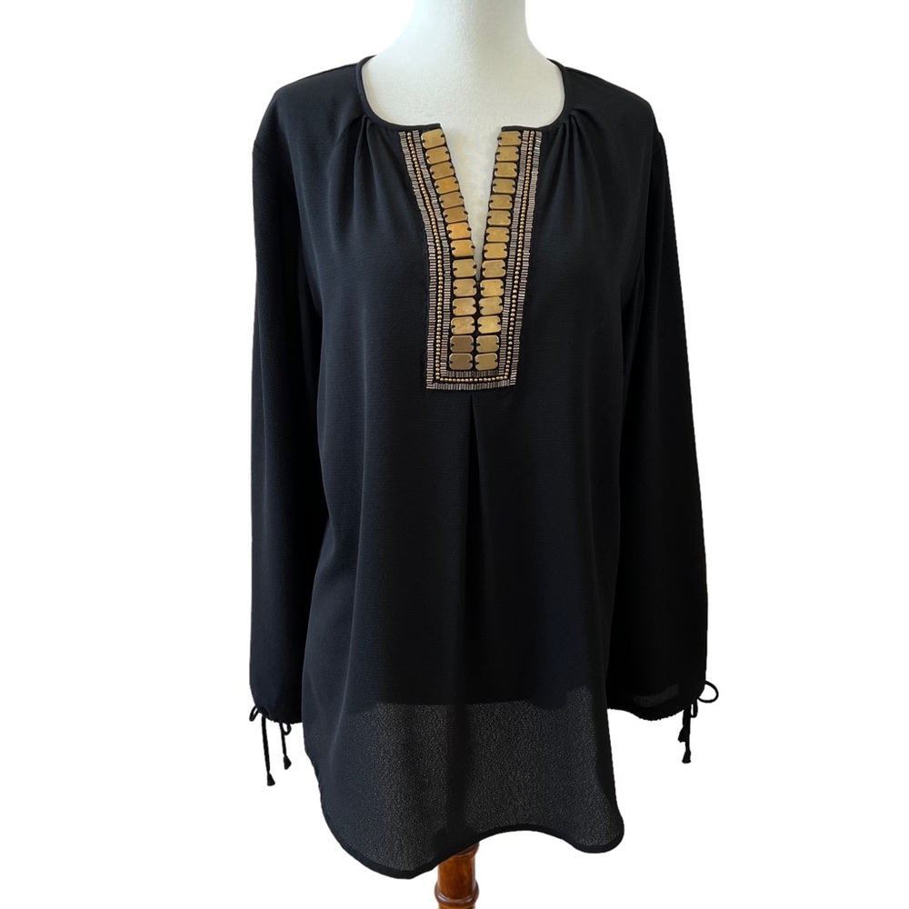 RUNGOLEE BLOUSE TUNIC TOP POPOVER BALLOON SLEEVES MIXED METALS FLOWY SEMI SHEER